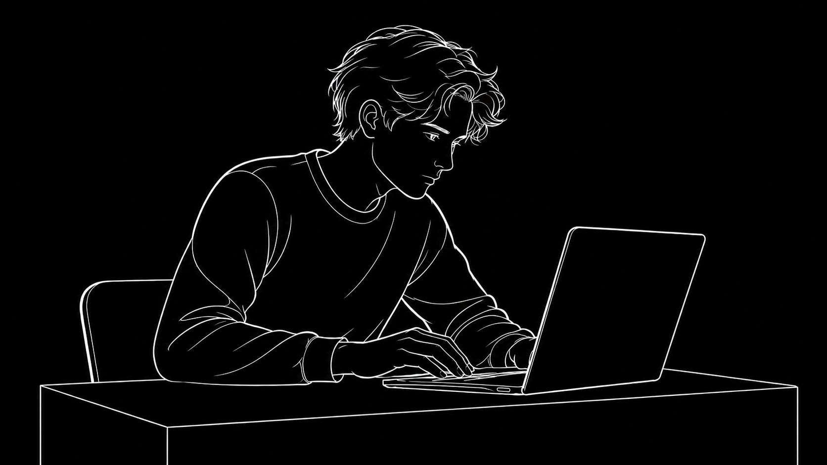 Ethereal monochrome line art of a person working late at a laptop in a minimalist dark scene